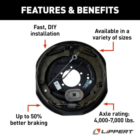 Lippert forward self-adjusting brake assembly for right side, 12x2 in, 4,000–7,000 lb axle, fits 14.5–16 in wheels.