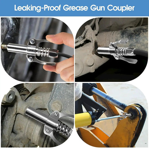 Heavy Duty Grease Gun Coupler With Locking And Leak Proof Design For All One Eighth Inch NPT Grease Guns, Dual Handle, 12000 PSI, Works With Grease Fittings, Keeps Messes Down And Lubrication On Point in use on machinery.