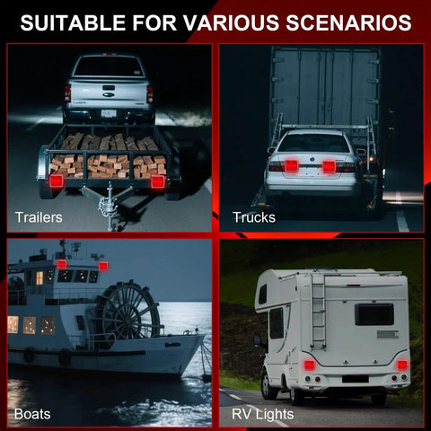 RoadAlchemist wireless trailer light kit; rear-view collage of trailers, trucks, boats, and RVs with red taillights.