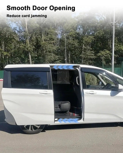 Side view of a white minivan with a sliding door using 1 Pair Sliding Rear Door Roller Top Bracket For Odyssey 2011 2012 2013 2014 2015 2016 2017 Left And Right Upper Bracket Replacement 72510-TK8-A01 Improves Door Response Reduces Shake And Jamming For Smoother Sliding, open on a sunny day with trees in the background.