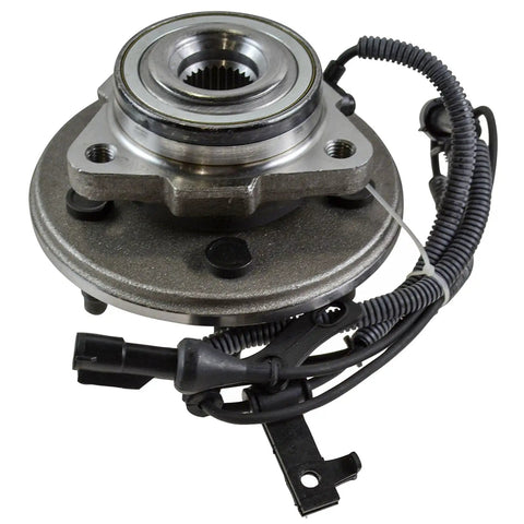 Front Wheel Bearing And Hub Assembly For Ford Explorer 2006 To 2010 Mercury Mountaineer And Explorer Sport Trac 2007 To 2010 Premium Replacement Part With DIY Video Guide Beefed Up For Easy Install shown in gray metal with connected wiring harness.
