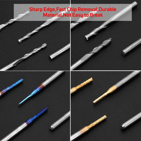 40 Piece Pro Grade All In One CNC Router Bits Set With 1/8 Inch Shank Ball Nose And Flat Nose End Mills, 2 Flute, Nano Blue Coat And Titanium Coat, Engraving Milling Cutter Kit For Wood Metal Plastic, High Precision Tungsten Carbide displayed on black surface, showcasing various tips and coatings.