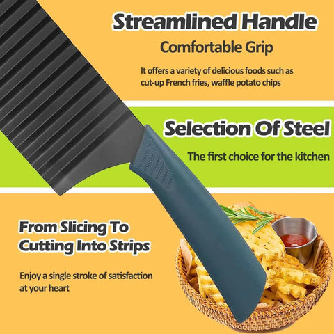 Crinkle Cutter Wavy Slicer For Veggies And Potatoes French Fry Cutter Stainless Steel Potato Slicer Chopper With Fancy Edges For Cucumbers Carrots Zucchini Apples And Onions Kitchen Gadget By JAYVAR with textured handle and wave blade visible