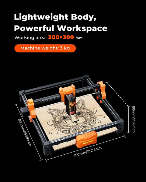 12W Laser Engraver ACMER S2 With 300x300mm Work Area, 0.01mm Precision, And 10000mm Per Minute Speed engraving a design on wood