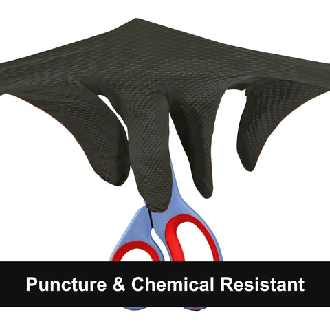 Black Nitrile Disposable Gloves 6 Mil Raised Diamond Texture Large Box Of 100 showing puncture resistance with scissors