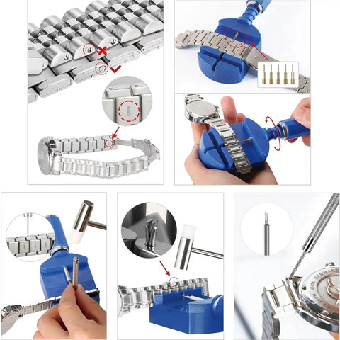 All In One Pro Grade Watch Repair Kit With Link Removal And Pin Removal Tools, Spring Bar Tool, Spare Pins, Bracelet Sizing Adjuster, Pin Punches And Hammer For Easy Band Resizing And Strap Replacement, Cleaning Cloth Included in use