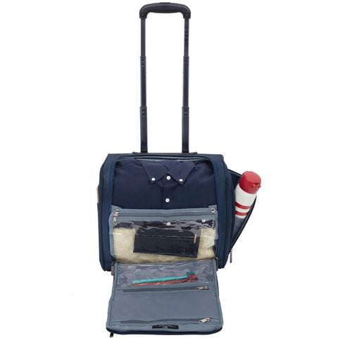 Open Smart Underseat Carry-On Luggage With USB Charging Port 15 Inch Navy Blue, showing interior compartments and garment storage