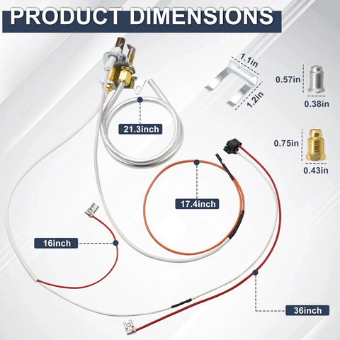 Cracubit water heater pilot assembly with thermopile; white/red leads, orange coil, 21.3in and 17.4in cables.