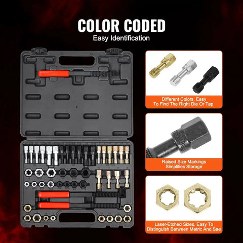 Color-coded 49 Piece Thread Restorer Set With Heat Treated Steel Taps Dies UNC UNF Metric in black case
