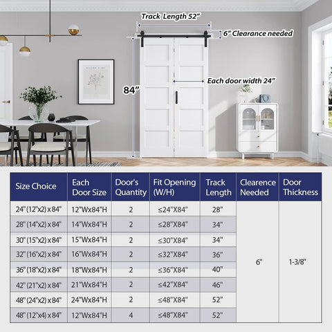 Image showing Double 24x84 Bi Fold Barn Doors White With 52 Inch Hardware Kit installed in a living room setup, track length and clearance details visible.