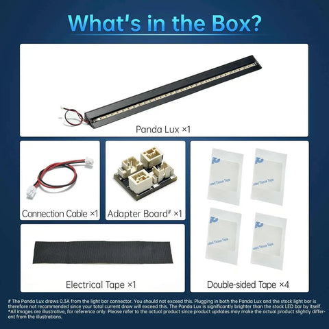 Contents of the BIQU Panda Lux LED Light Strip Upgrade Kit including Panda Lux light, connection cable, adapter board, electrical tape, and double-sided tape for Bambu Lab P1S P1P X1C X1E.