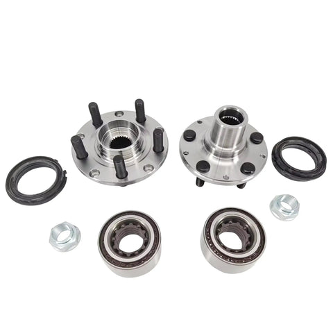 Front Wheel Hub And Bearing Kit With Seals And Retaining Clip Nut 2 Piece Replacement Set For Subaru Legacy Outback Impreza Forester And Baja 1990 To 2004 Without ABS shown.