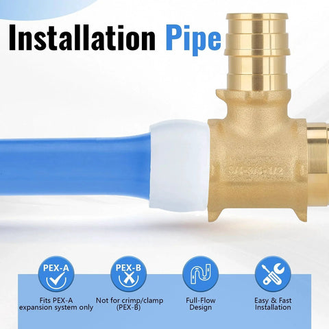 Ten Pack PEX A Reducing Tee Expansion Fitting Lead Free Brass Full Flow Connector For Residential Hot And Cold Water And Radiant Heating Systems ASTM F1960 And cUPC Certified shown in close-up against a white background, highlighting the brass material and connection to blue PEX pipe.