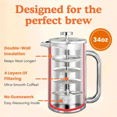 Non-Toxic French Press Coffee Maker With Surgical Grade 316 Stainless Steel Plastic Free 34 Oz Double Wall 4 Layer Filter