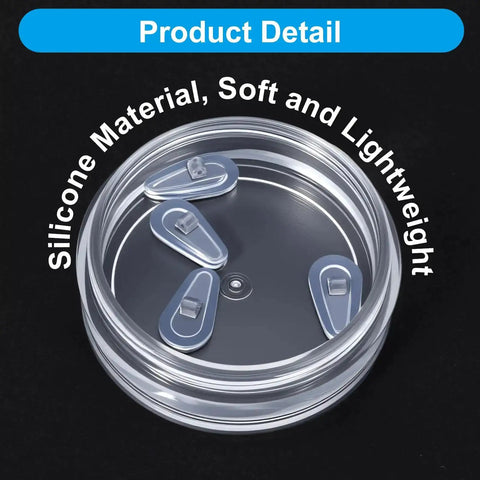 Close-up of transparent silicone eyeglass nose pads in a round container. Six Pairs Silicone Eyeglass Nose Pads Set With Screws And Micro Screwdriver.