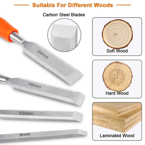 4 Piece Wood Chisel Set With Steel Hammer End And Ergonomic Plastic Handles For Woodworking Includes 6mm 12mm 18mm And 24mm Chisels Pro Grade And Handy For Carving Shaping And Craft Projects showing chisel sizes, carbon steel blades and wood types.