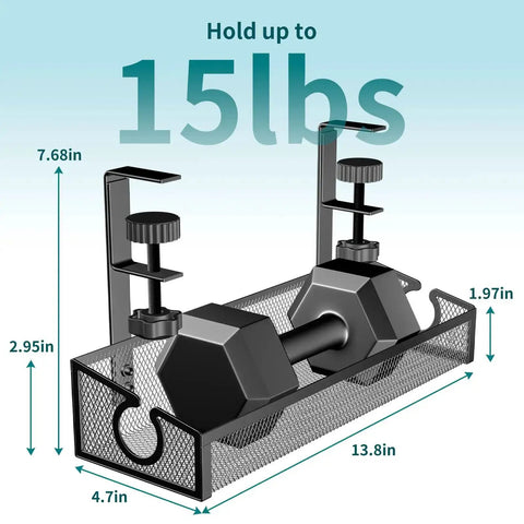 No Drill Desk Cable Tray With Clamp, Under Desk Wire Management Organizer in Black holding weights, dimensions shown, max load 15lbs