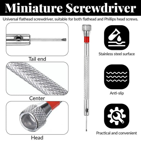 Miniature screwdriver from 630 Piece Eyeglass Repair Kit With Screws And Tiny Micro Fasteners For Electronics Repair Watches And Laptops
