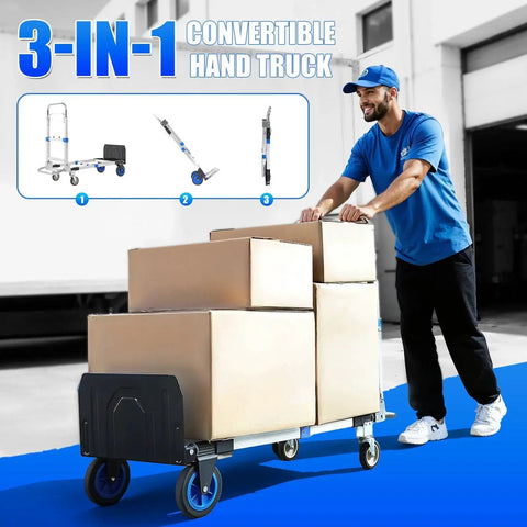 3 In 1 Aluminum Folding Hand Truck Dolly Cart With Wheels Up To 600 Lbs Capacity in use, carrying boxes in warehouse setting