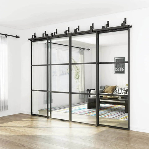 Double Bypass Glass Barn Door Kit With 10 Ft Hardware And Soft Close, 120 In Wide by 84 In Tall installed in living room