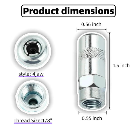 4-pack Milwaukee grease gun coupler tips, 1/8 in thread, 4-jaw style; fits M18/M12 cordless guns