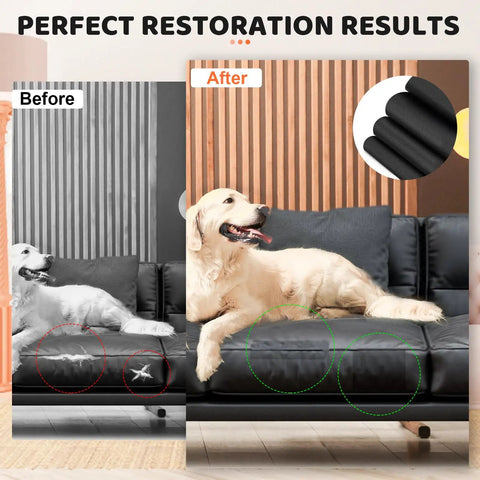 Before and after comparison of heavy duty leather repair patch kit on sofa; visible damage restored using black adhesive tape.