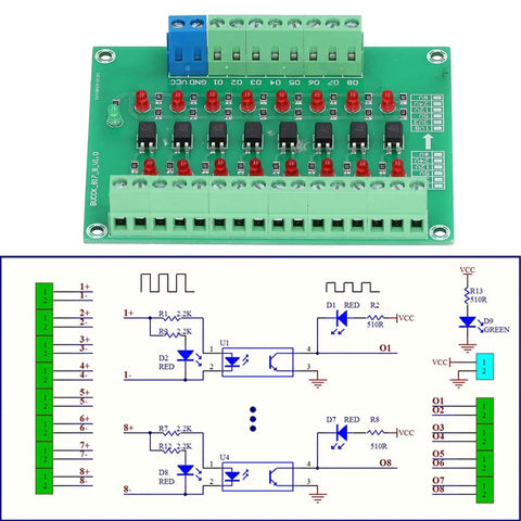 Eight Channel Optical Isolation Module 24V To 5V Optocoupler PLC Signal Converter Board with circuit diagram and input/output connectors.