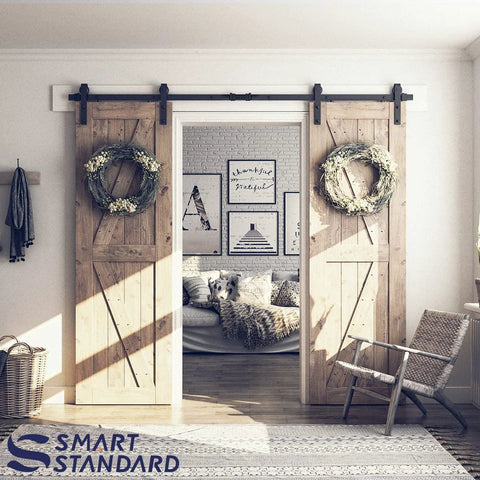 8 Ft Double Barn Door Hardware Kit For 24 Inch Wide Doors Ultra Smooth Quiet Sliding Track With J Shape Hanger Black Finish