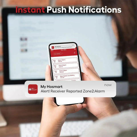 Person receiving push notification on phone for Pro 4 Smart Solar Driveway Alarm With 2.4G Wi Fi Real Time App Alerts And Motion Sensor Rechargeable Base Station 3 Day Battery Backup No Camera Up To Half Mile Wireless Range For Easy Home Perimeter Security No Fuss Setup