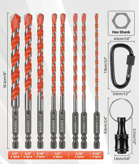 Seventeen Piece Concrete Drill Bit Set With Bit Holder And Keychain Carbide Hex Shank for cement, brick, tile, glass, plastic.