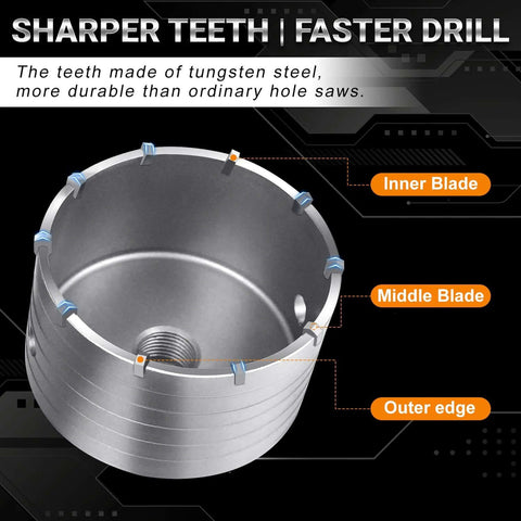 Masonry Hole Saw Kit For Cement, Brick, And Stone, 9 Piece Set with carbide diamond core bit and tungsten steel blades display
