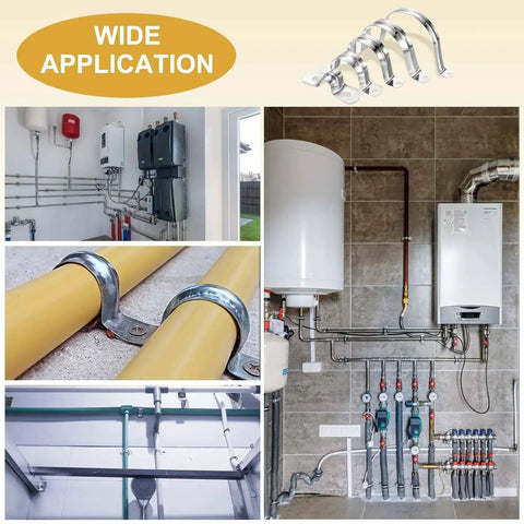 Image showing Heavy Duty 24 Pack 10mm 304 Stainless Steel Rigid Pipe Straps U Brackets installed on various pipes and supports.