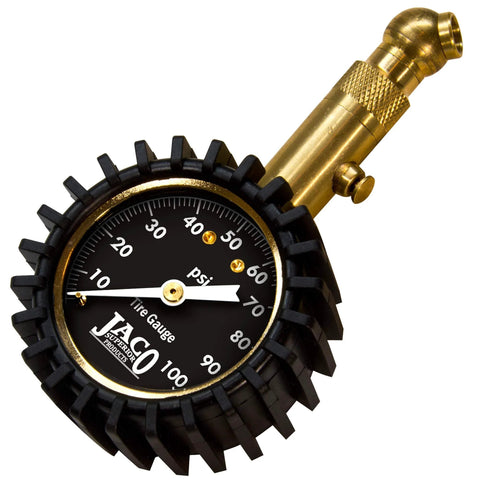 JACO Elite tire pressure gauge, brass body, black dial, 0–100 psi.