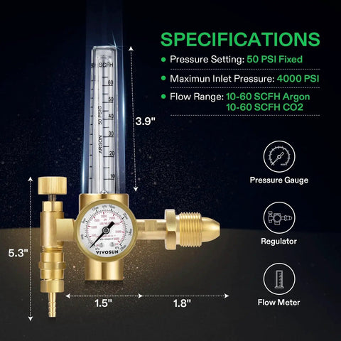 Rock Solid Brass Argon CO2 Gas Regulator With Flow Meter And Gauge For MIG TIG Welding, showing dimensions and specifications.