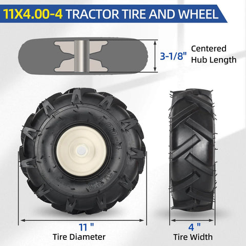 Tubeless 11x4.00-4 Tiller Tire And Wheel With 3/4 Inch Axle And 3-1/8 Inch Centered Hub For Super Lug Tractor And Trencher Tillers, 1 Pack
