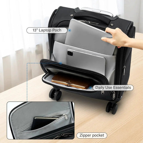 Open view of Underseat 16 Inch Carry On Luggage With Wheels Softside Personal Item Bag For Travel HanTrip 30L Capacity showing compartments.