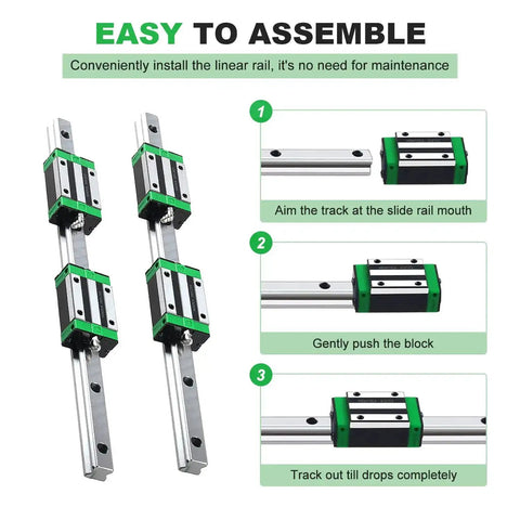 Two HGR20 200mm Linear Guide Rails With Four HGH20CA Carriage Blocks installation steps and features for DIY CNC projects.