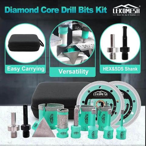 Tile Hole Saw Kit For Porcelain And Ceramic Tiles with diamond bits, 13-piece set including core bits, adapters, and carrying case.