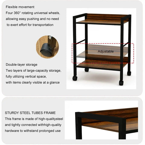 Two Tier Rolling Utility Cart With Brown Wood Shelves And Black Metal Frame On Wheels, close-up of adjustable shelf and sturdy frame
