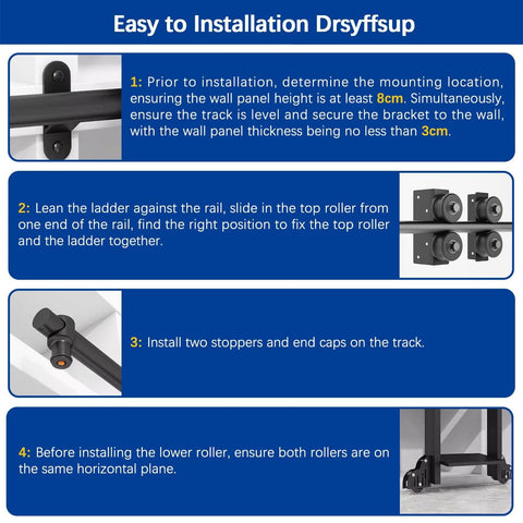Installation guide for Sliding Barn Door Hardware Kit With Library Rolling Ladder Track Bracket System, steps 1 to 4 shown.