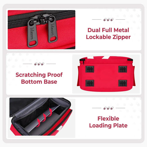 Large Capacity Medical Travel Bag With 12 Pockets And Pill Bottle Organizer featuring dual lockable zipper, scratch-proof base, flexible plate