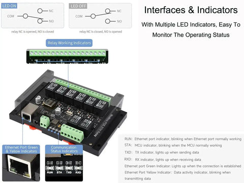 8-Channel Ethernet Relay Module with Modbus RTU TCP Protocol, PoE Powered, with LED indicators and industrial connectors.