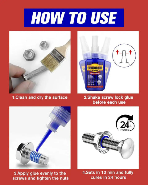 Step-by-step instructions for using Blue Thread Locker Medium Strength For Nuts Bolts And Fasteners Removable Anaerobic Adhesive This 50ml Bottle Prevents Loosening From Vibration In Automotive Machinery And DIY Projects