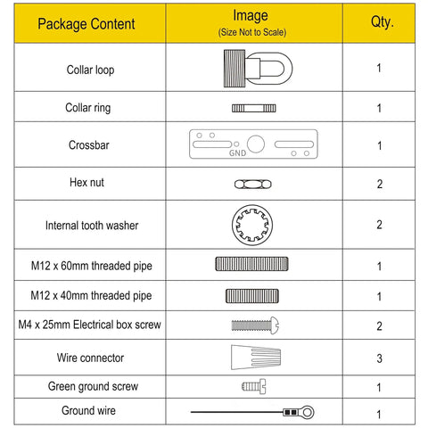 Image showing package contents for Heavy Duty Die Cast Cross Bar Kit With Screw Collar Loop Canopy Hardware Set, including collar loop, crossbar, screws, and washers.