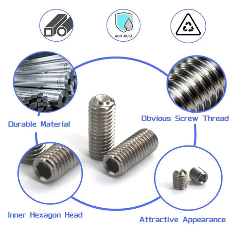 68 Piece Set Screw Kit With 24 Sizes Metric And SAE Hex Socket Grub Screws In 304 Stainless Steel With Hex Wrenches For Door Handles Bathroom Fixtures And Faucets Repair M2 To M8 image showing hex socket grub screws in close-up with focus on durability and appearance.