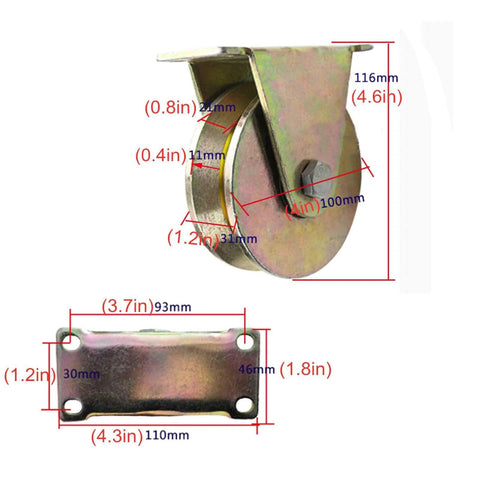 V Type Groove Sliding Gate Roller With Steel Track Wheel, Double Bearings, dimensions and measurements visible