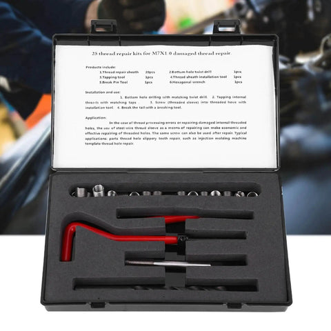 Pro Grade 25 Pack Helicoil Thread Repair Kit In Stainless Steel M7x1.0 For Switches Autos Telecom Gear Heavy Duty Steel Inserts Easy To Install Long Lasting Durability Reliable Field Repair Kit For Quick Fixes shown open with tools inside