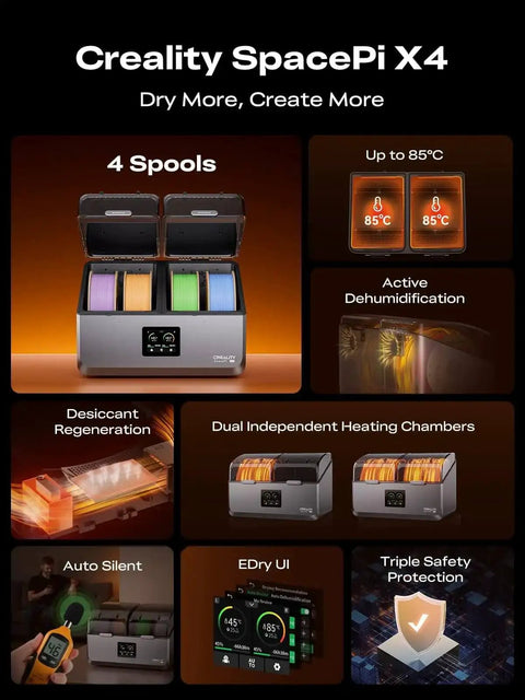Image showing SpacePi X4 Filament Dryer Box for four spools with dual 200W heaters up to 85°C and moisture-free storage features.