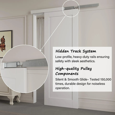 Image showing the Sliding Barn Door With Hardware Kit, White Primed Solid Manufactured Wood Panel installed with a durable track.