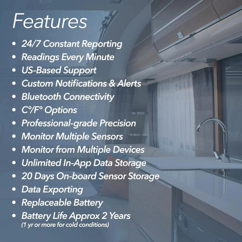 Smart Temperature And Humidity Sensor With App Monitoring From SensorPush HT1 Thermometer Hygrometer For Indoor And Outdoor Use Including Heat Index For RV Fridge And More features list displayed with RV interior in background.